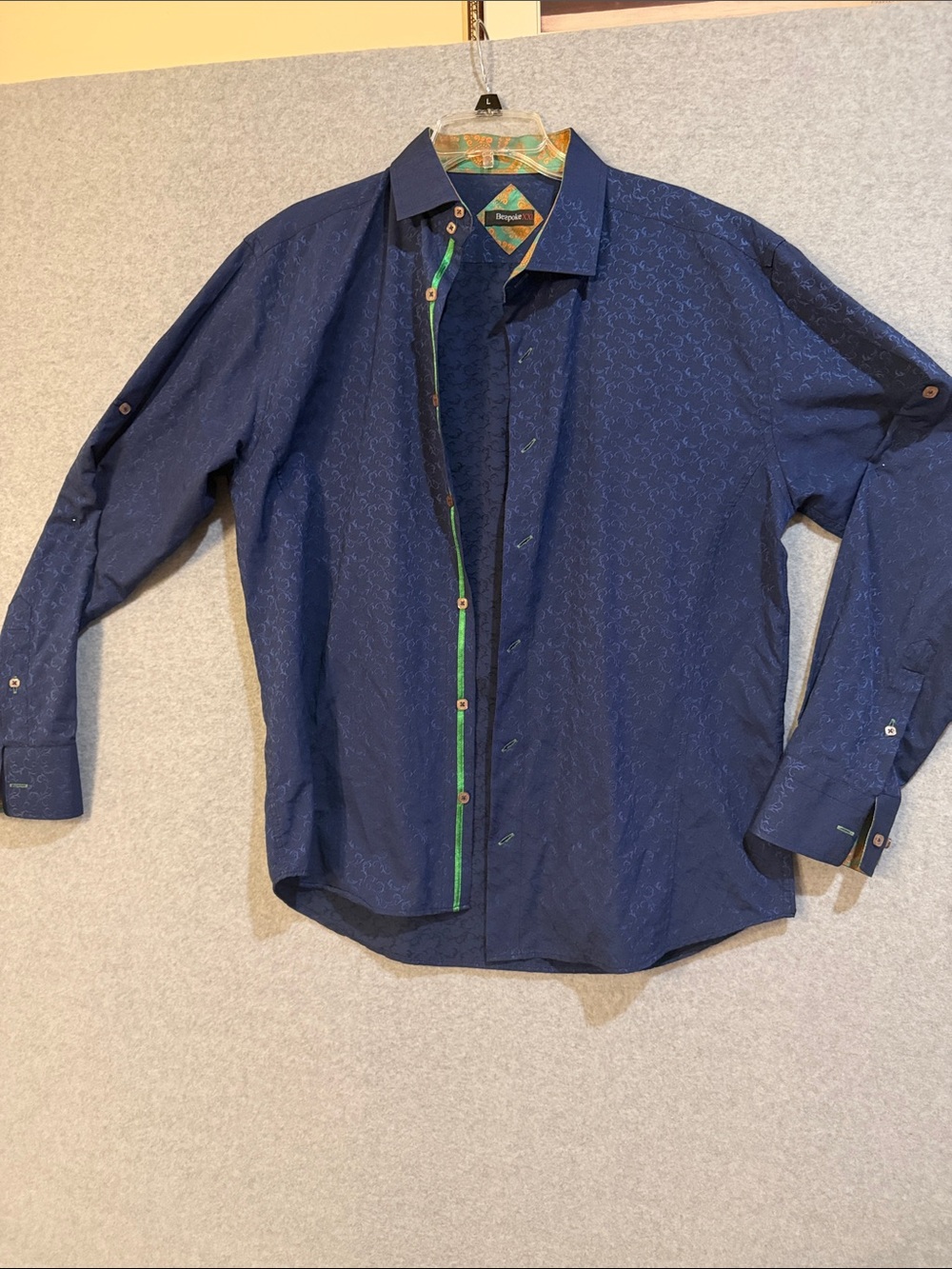 Bespoke Navy Patterned Long-Sleeve Dress Shirt with Green Trim